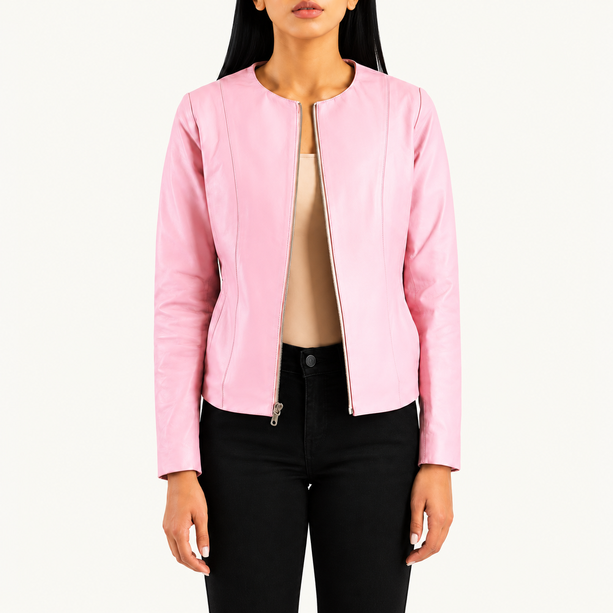 Women's Pastel Pink Leather Jacket – Classic Collarless Zip-Up Jacket Gallery